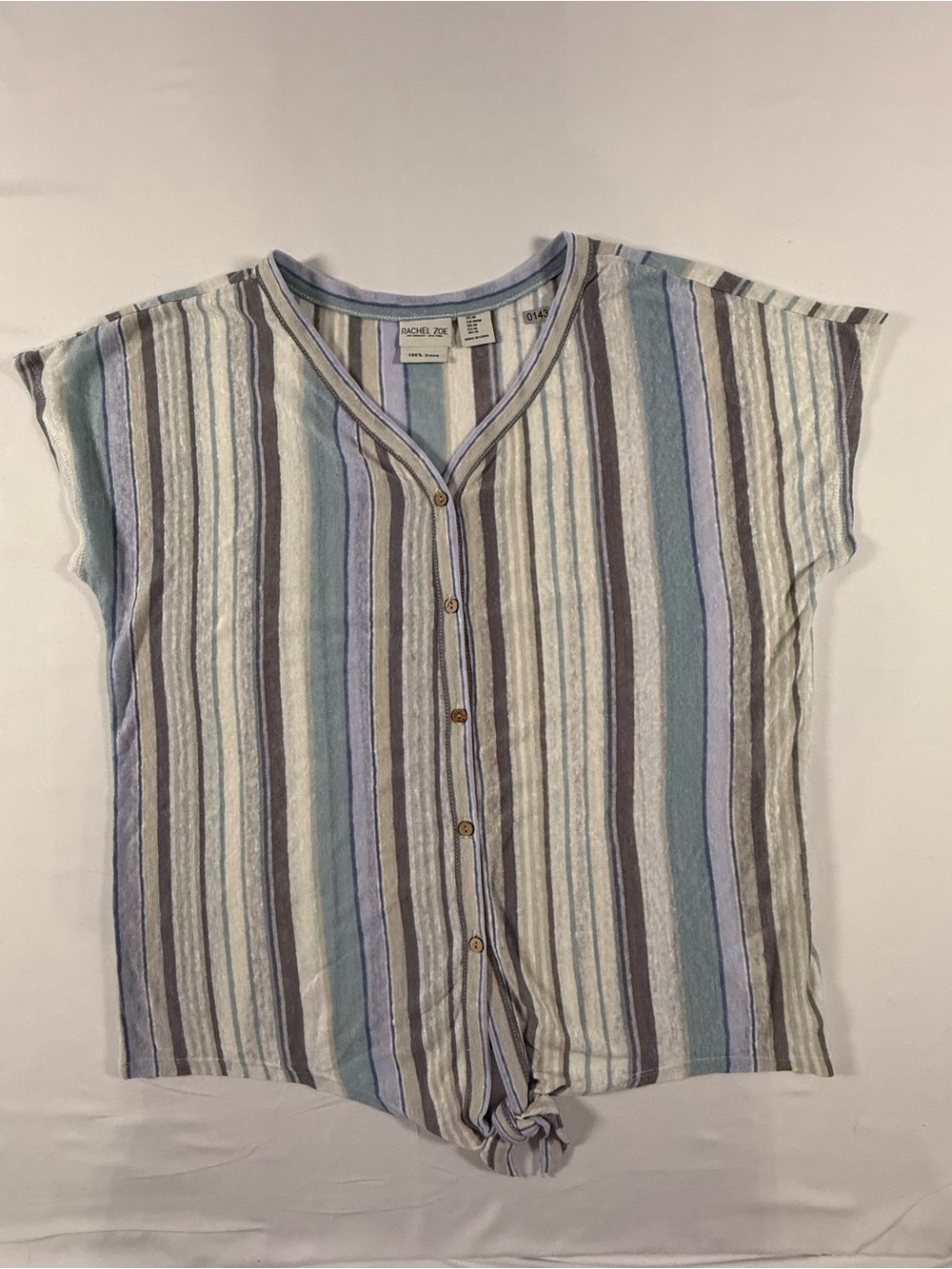 Rachel Zoe Linen Striped Button-Front Tie Hem Top in Blue, Gray, Cream, Brown